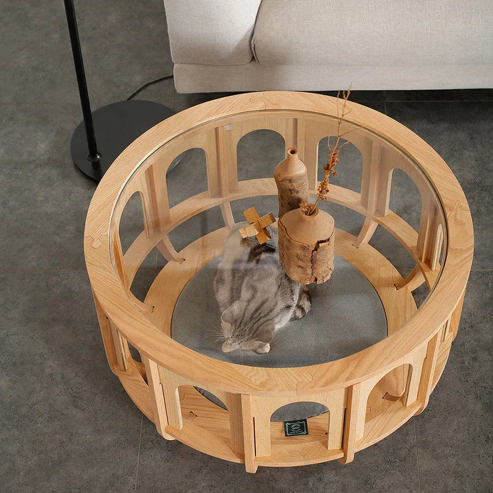 Multifunctional Pet-Friendly Coffee Table with Arched Oak Frame and Glass Top