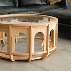 Multifunctional Pet-Friendly Coffee Table with Arched Oak Frame and Glass Top