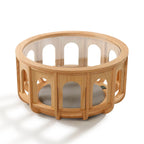 Multifunctional Pet-Friendly Coffee Table with Arched Oak Frame and Glass Top