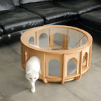 Multifunctional Pet-Friendly Coffee Table with Arched Oak Frame and Glass Top