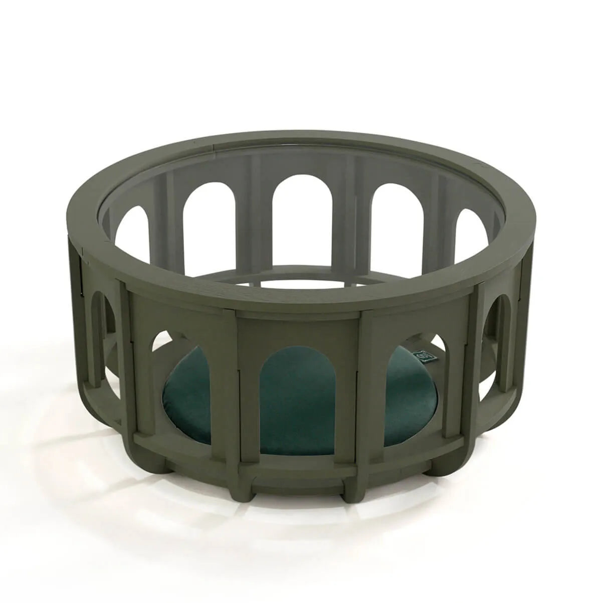 Multifunctional Pet-Friendly Coffee Table with Arched Oak Frame and Glass Top