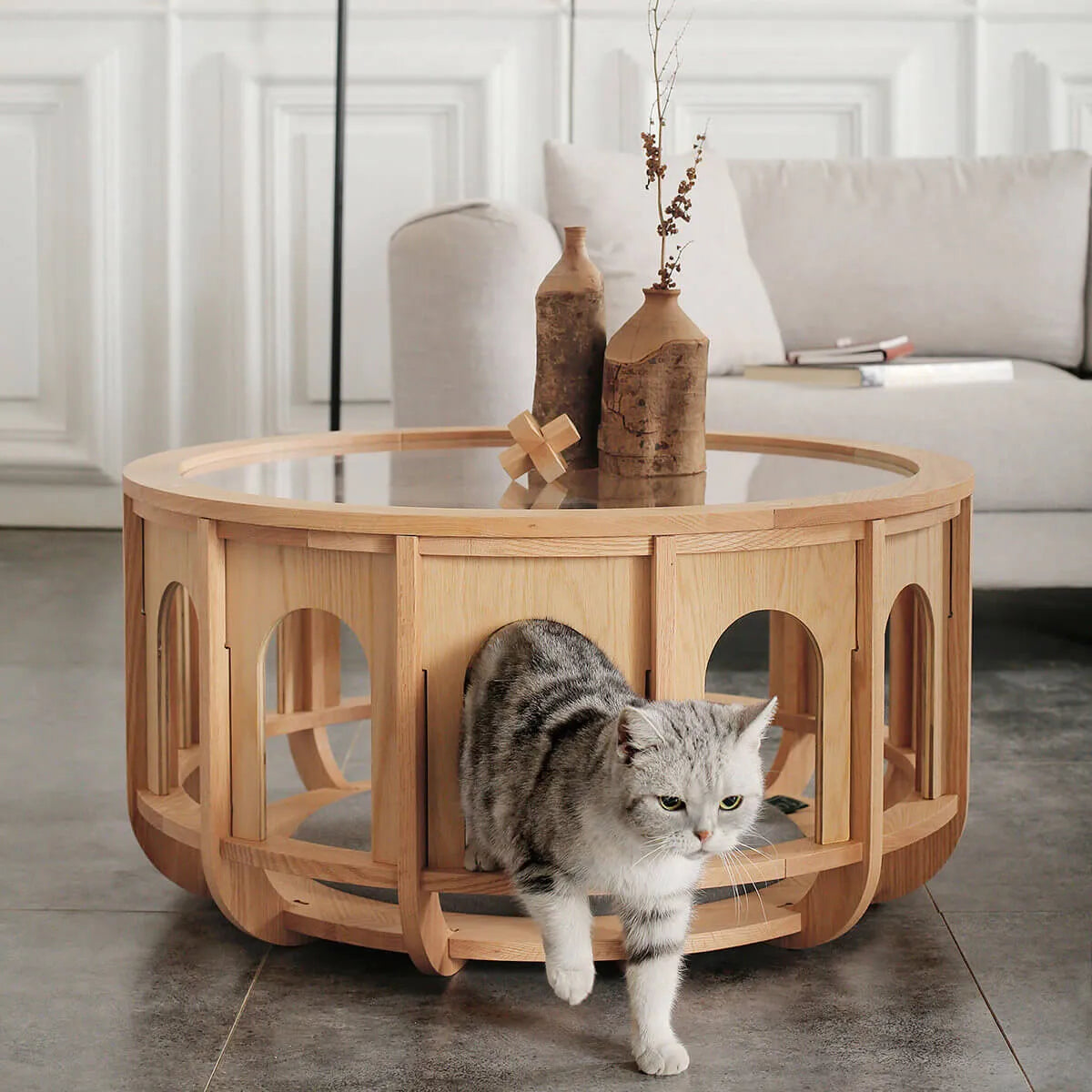 Multifunctional Pet-Friendly Coffee Table with Arched Oak Frame and Glass Top Main Product Image
