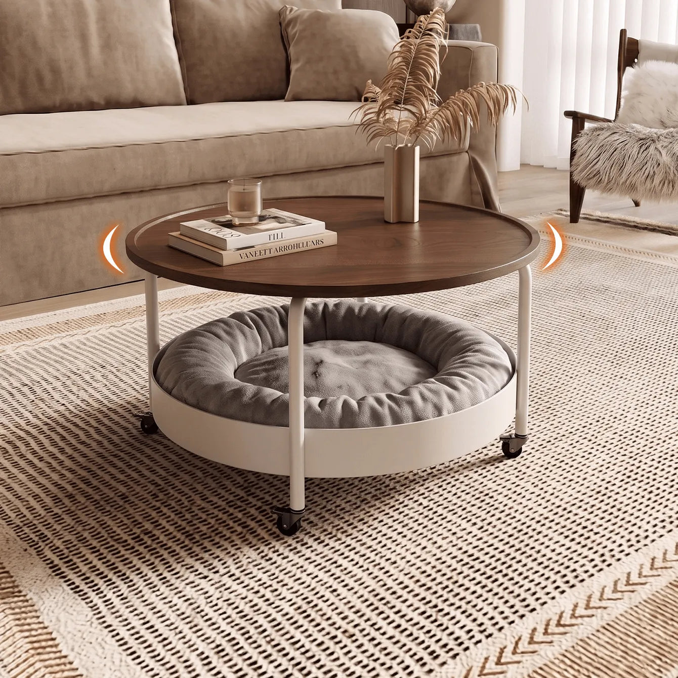 Multifunctional Pet-Friendly Coffee Table With Tiered Round Nest and Casters