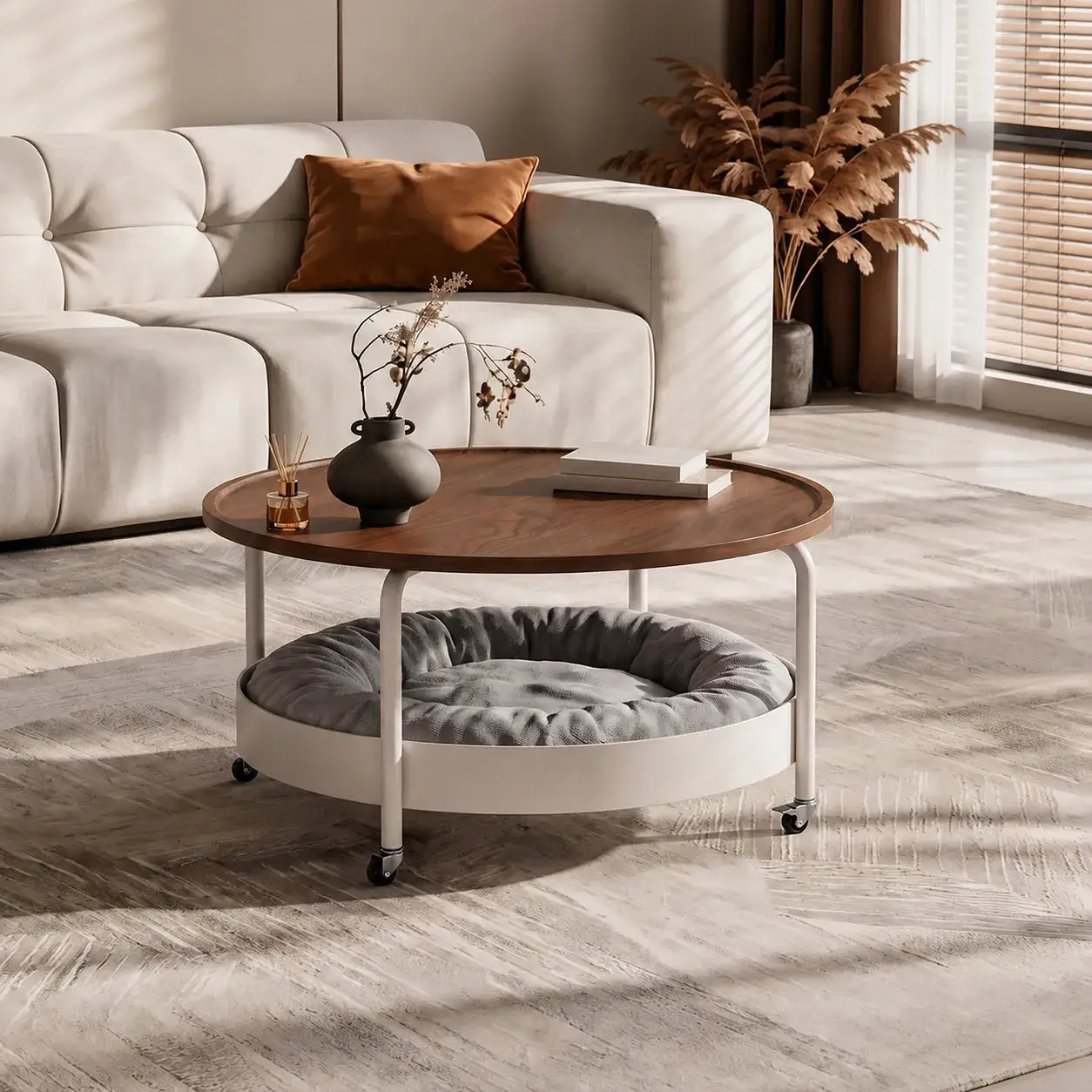 Multifunctional Pet-Friendly Coffee Table With Tiered Round Nest and Casters