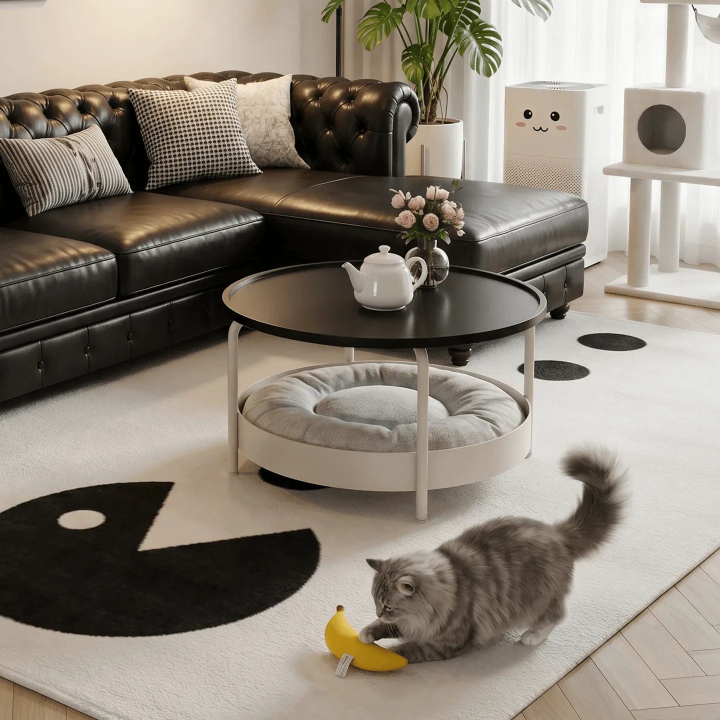 Multifunctional Pet-Friendly Coffee Table With Tiered Round Nest and Casters