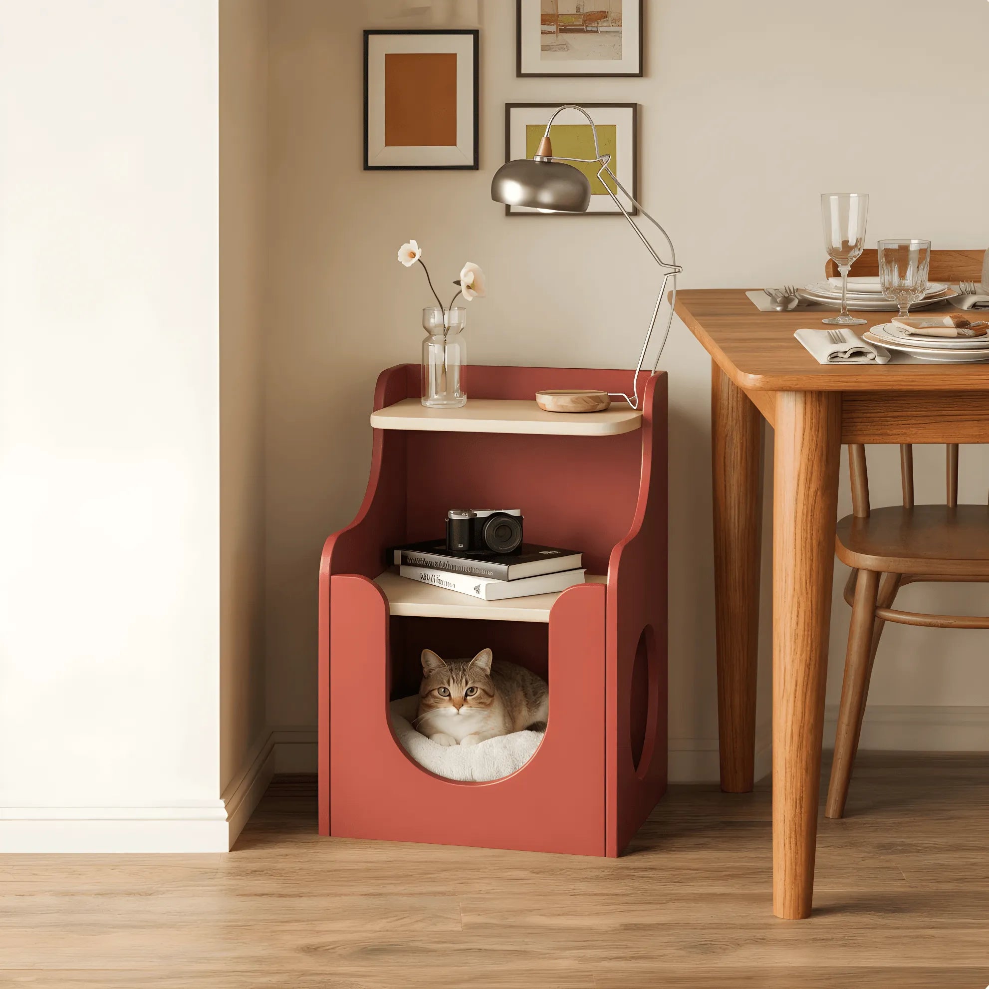 Multifunctional Pet-Friendly Nightstand with Sculptural Open Storage