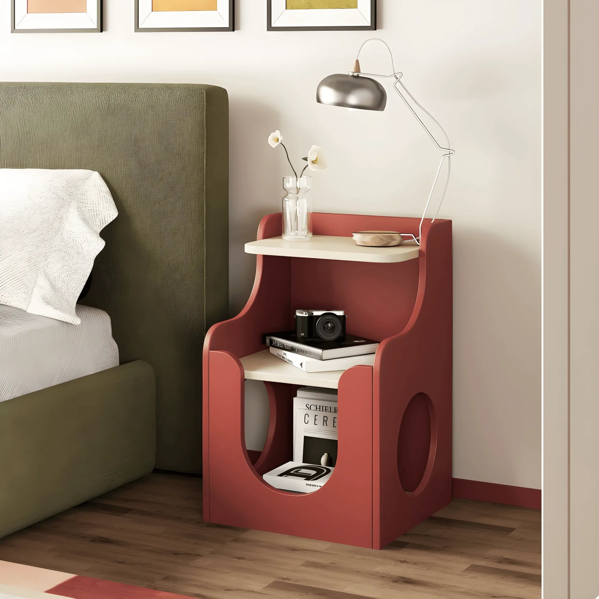 Multifunctional Pet-Friendly Nightstand with Sculptural Open Storage