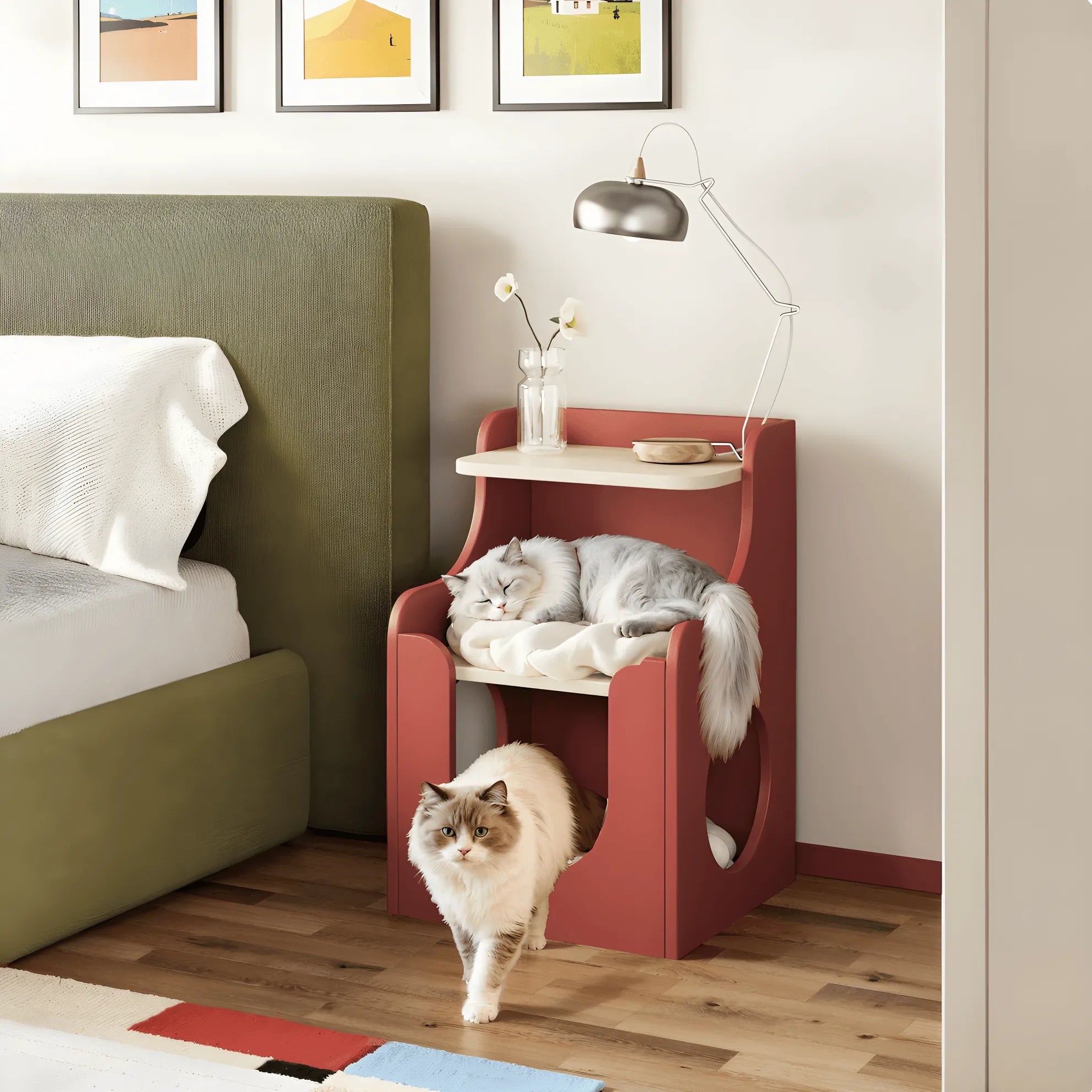 Multifunctional Pet-Friendly Nightstand with Sculptural Open Storage