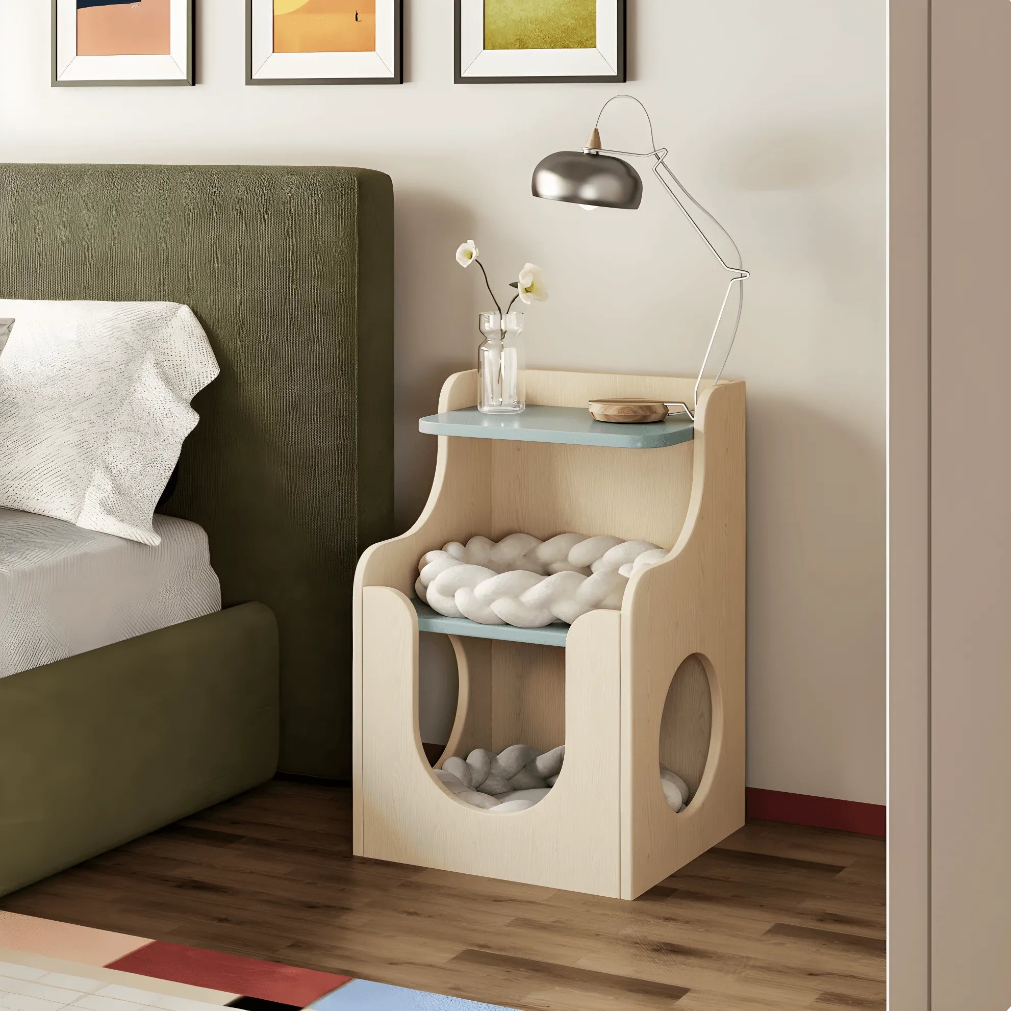Multifunctional Pet-Friendly Nightstand with Sculptural Open Storage