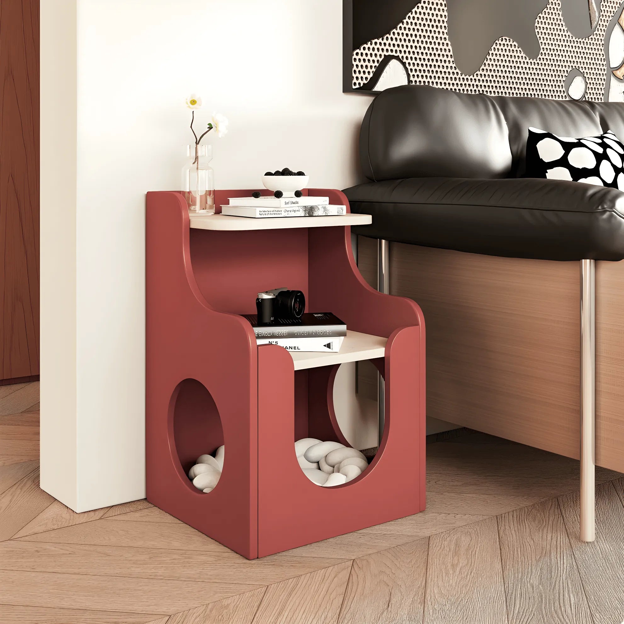 Multifunctional Pet-Friendly Nightstand with Sculptural Open Storage