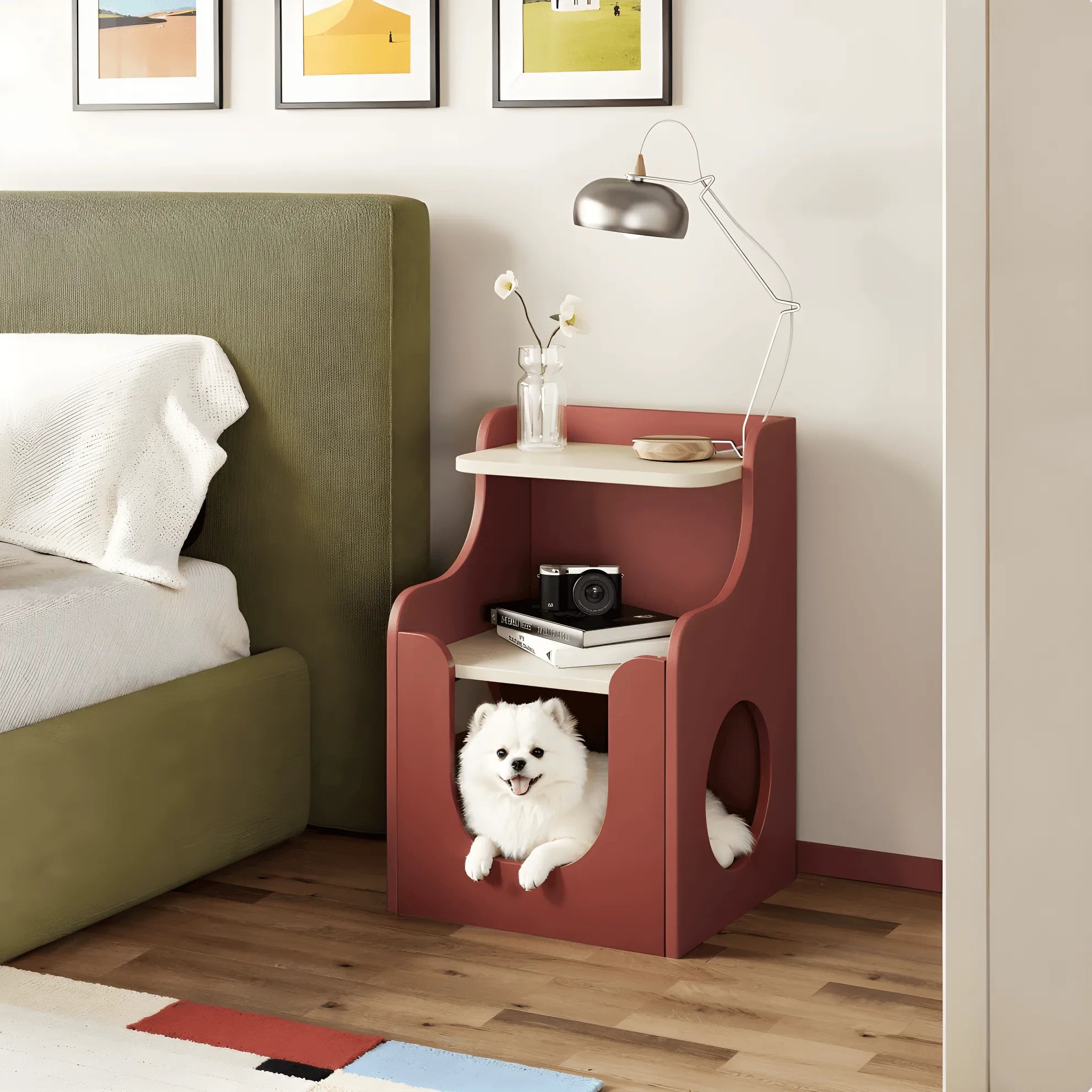 Multifunctional Pet-Friendly Nightstand with Sculptural Open Storage Main Product Image