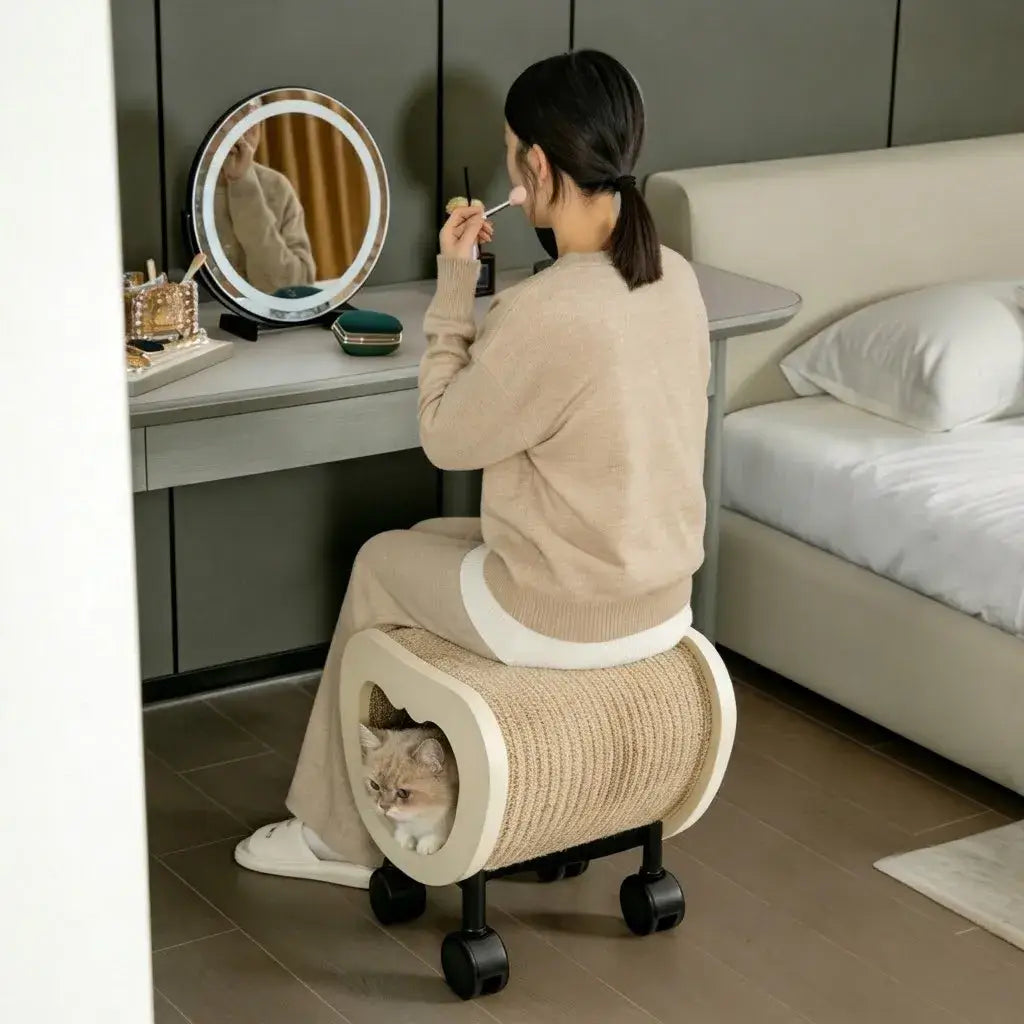 Multifunctional Pet-Friendly Vanity Stool With Sisal Cat Nook and Casters