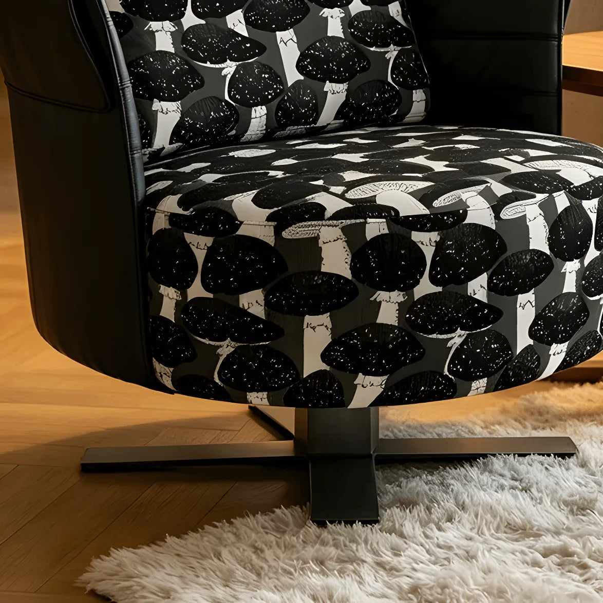 Mushroom Print Accent Swivel Chair with Sculptural Steel Base