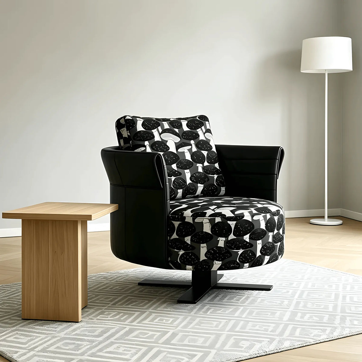 Mushroom Print Accent Swivel Chair with Sculptural Steel Base