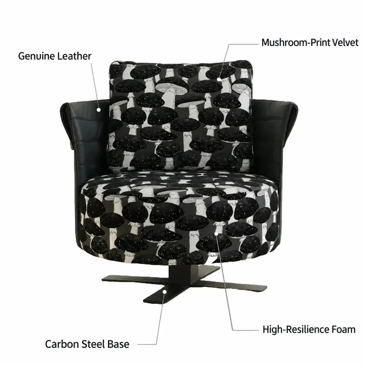 Mushroom Print Accent Swivel Chair with Sculptural Steel Base