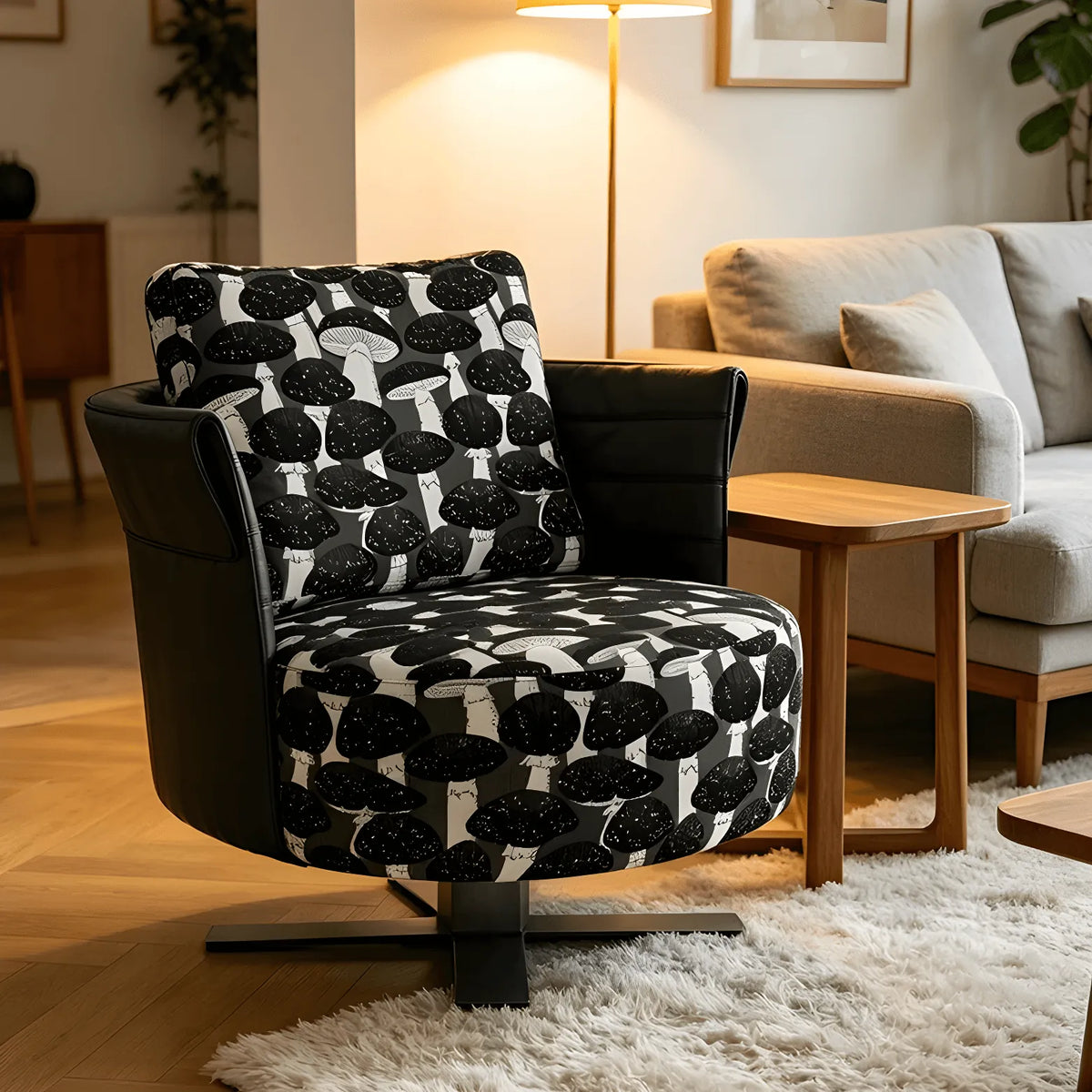 Mushroom Print Accent Swivel Chair with Sculptural Steel Base Main Product Image