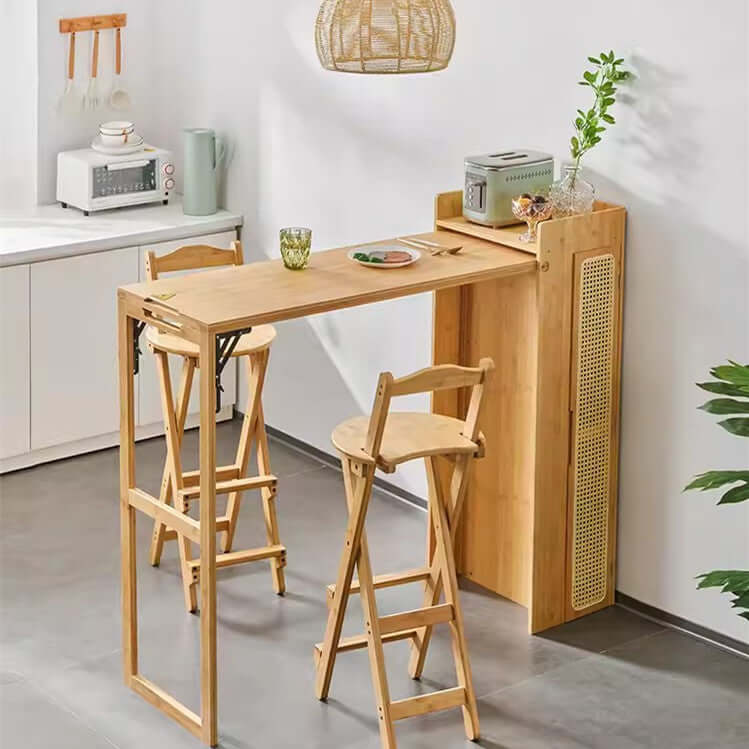Natural Bamboo Folding Bar Table With Storage Shelf