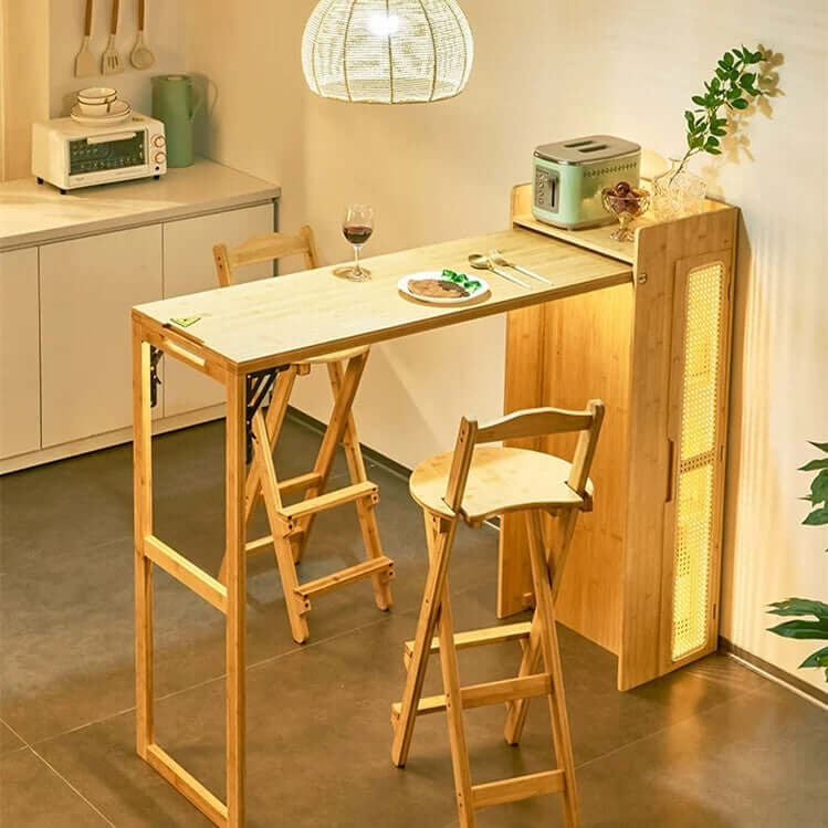 Natural Bamboo Folding Bar Table With Storage Shelf