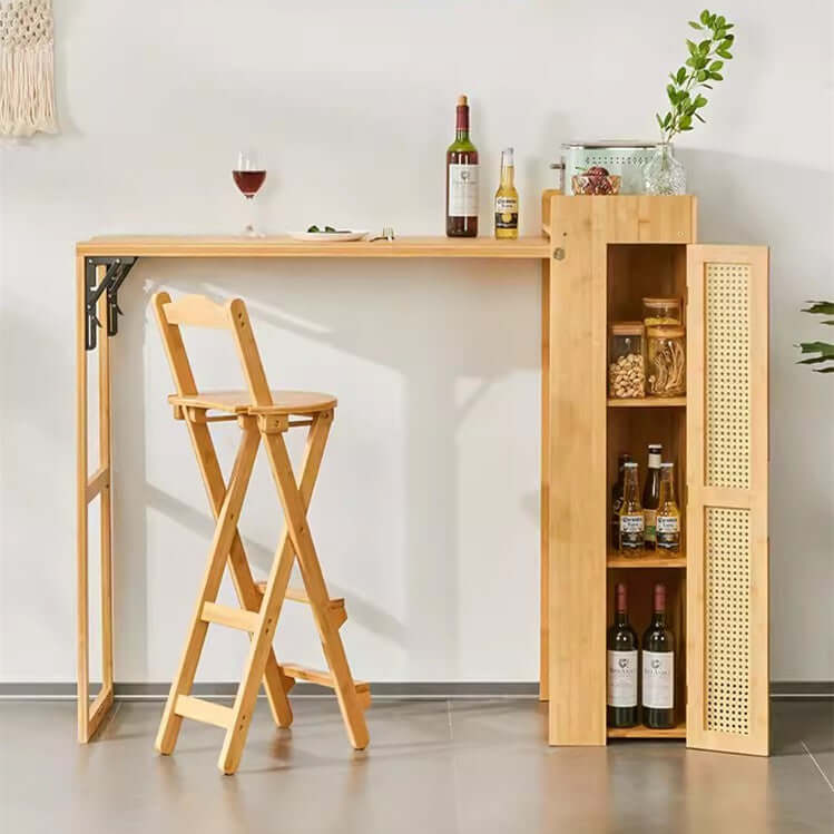 Natural Bamboo Folding Bar Table With Storage Shelf
