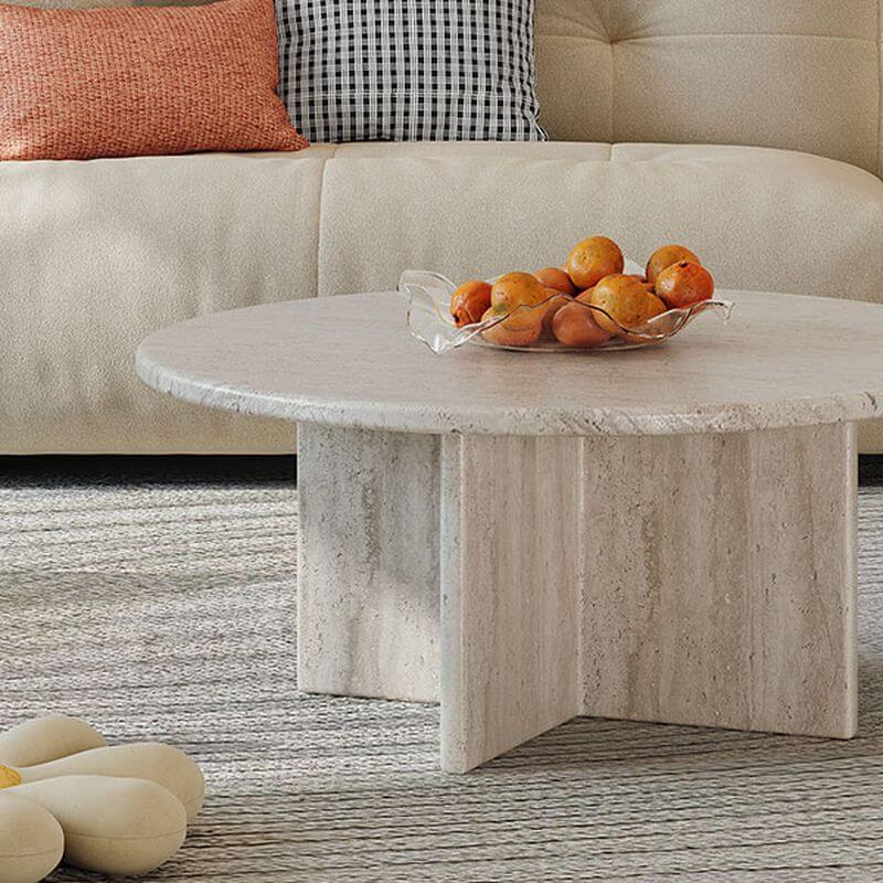 Natural Beige Travertine Round Coffee Tables for Wabi-Sabi Living Rooms