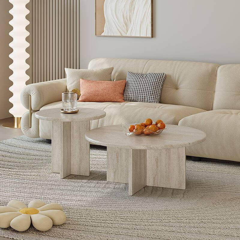 Natural Beige Travertine Round Coffee Tables for Wabi-Sabi Living Rooms