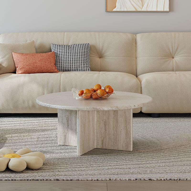 Natural Beige Travertine Round Coffee Tables for Wabi-Sabi Living Rooms