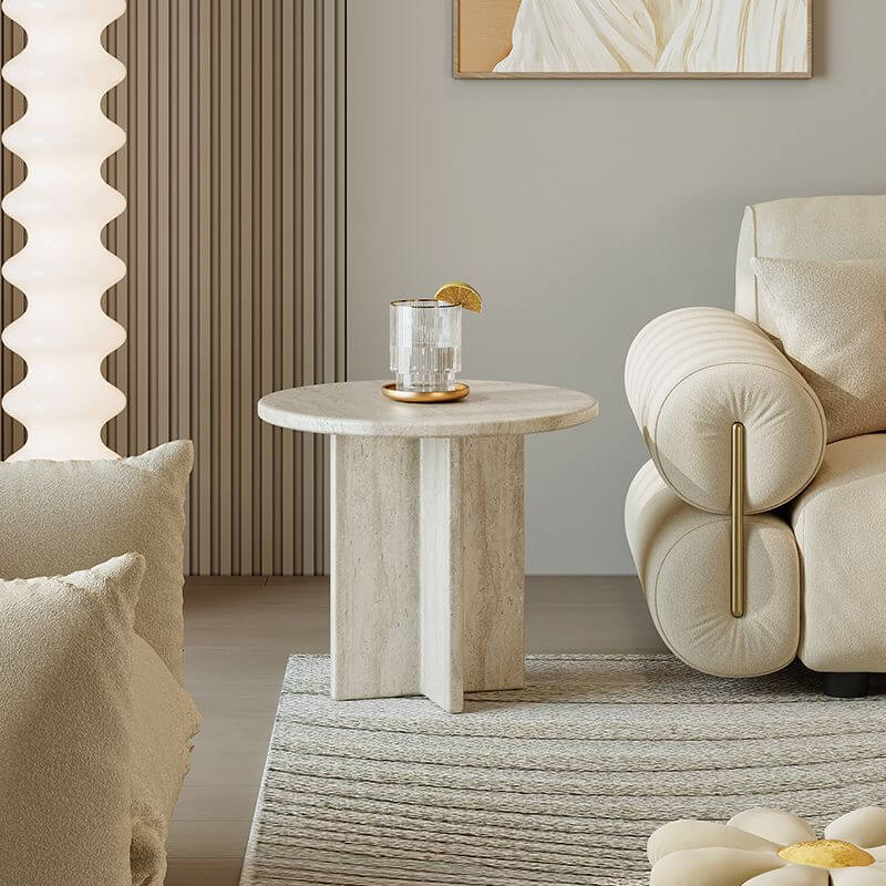 Natural Beige Travertine Round Coffee Tables for Wabi-Sabi Living Rooms