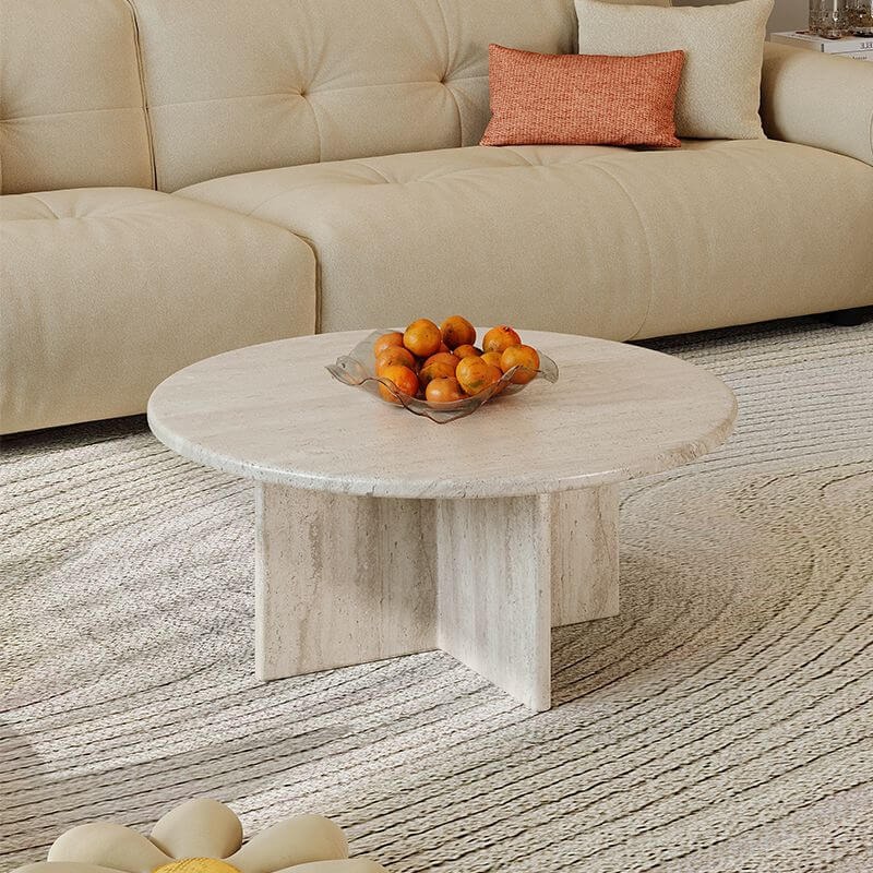 Natural Beige Travertine Round Coffee Tables for Wabi-Sabi Living Rooms
