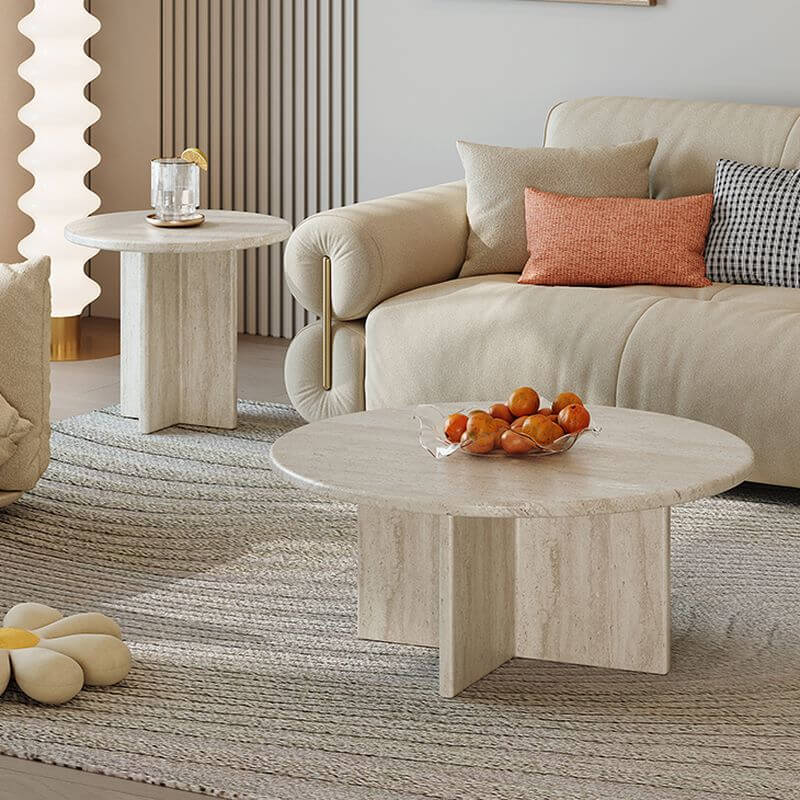 Natural Beige Travertine Round Coffee Tables for Wabi-Sabi Living Rooms Main Product Image Main image