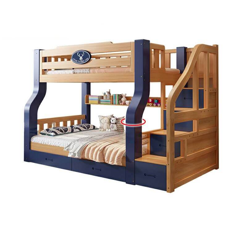 Natural/Blue Modern Wooden Bunk Bed with Bookshelf, Ladder and Storage