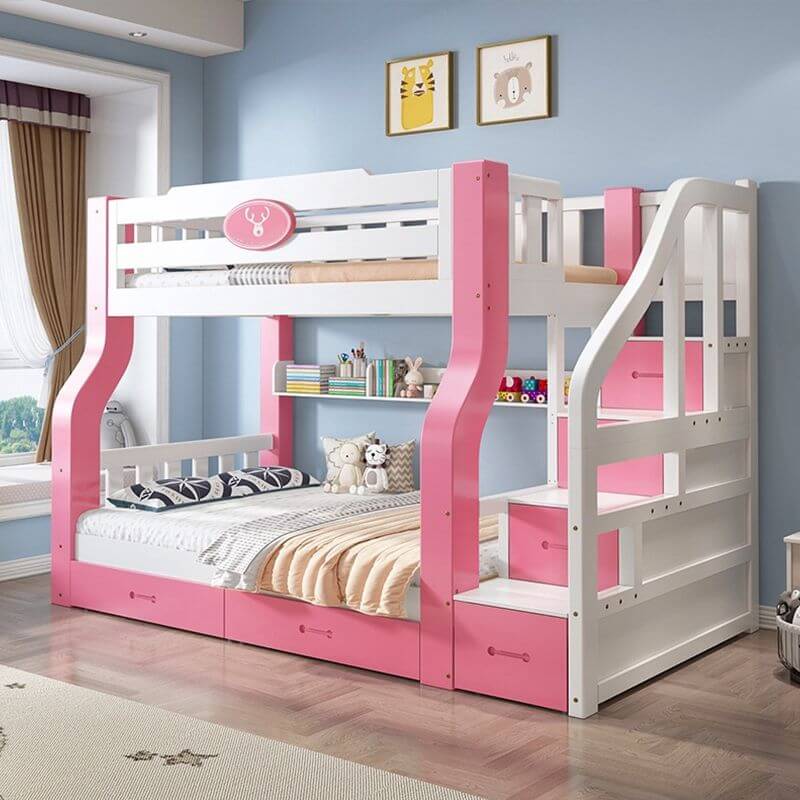 Natural/Blue Modern Wooden Bunk Bed with Bookshelf, Ladder and Storage Secondary image