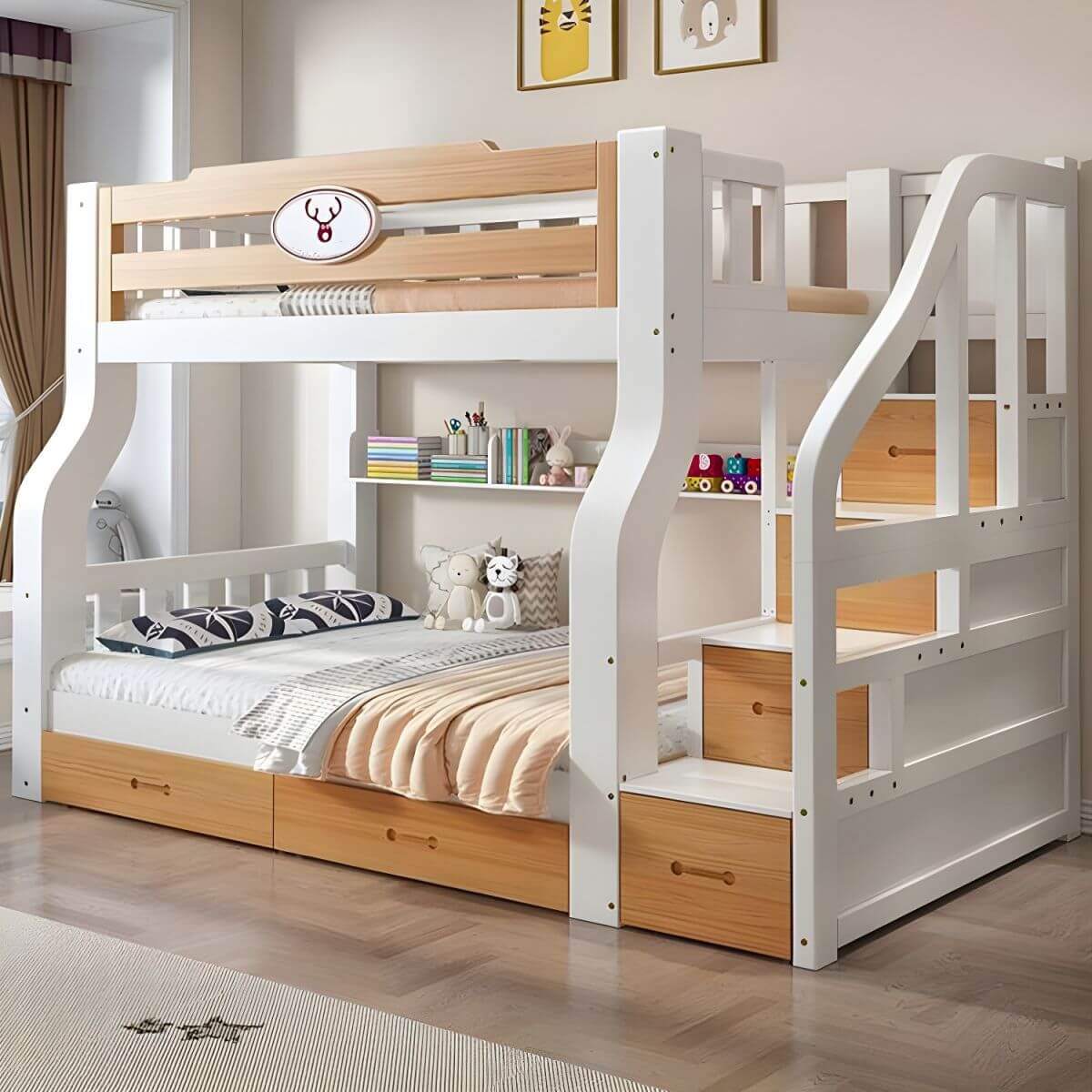 Natural/Blue Modern Wooden Bunk Bed with Bookshelf, Ladder and Storage
