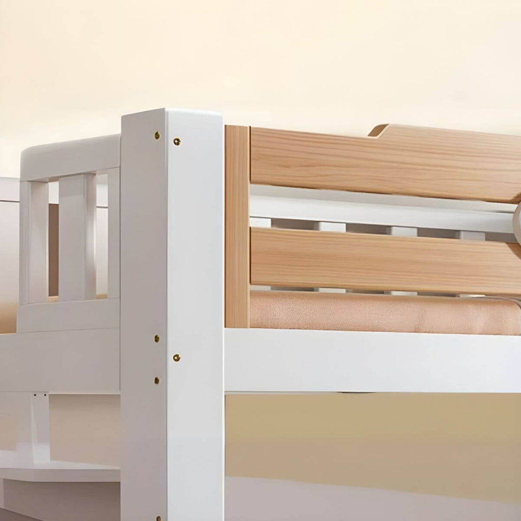 Natural/Blue Modern Wooden Bunk Bed with Bookshelf, Ladder and Storage