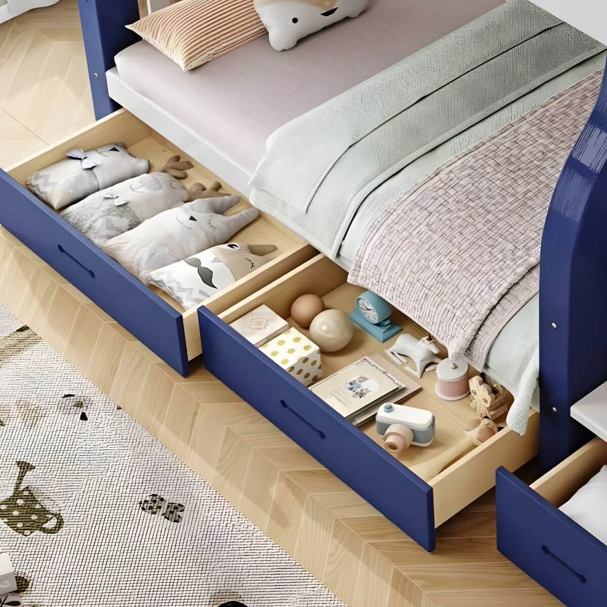 Natural/Blue Modern Wooden Bunk Bed with Bookshelf, Ladder and Storage