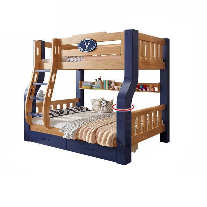 Natural/Blue Modern Wooden Bunk Bed with Bookshelf, Ladder and Storage