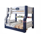Natural/Blue Modern Wooden Bunk Bed with Bookshelf, Ladder and Storage