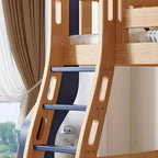 Natural/Blue Modern Wooden Bunk Bed with Bookshelf, Ladder and Storage