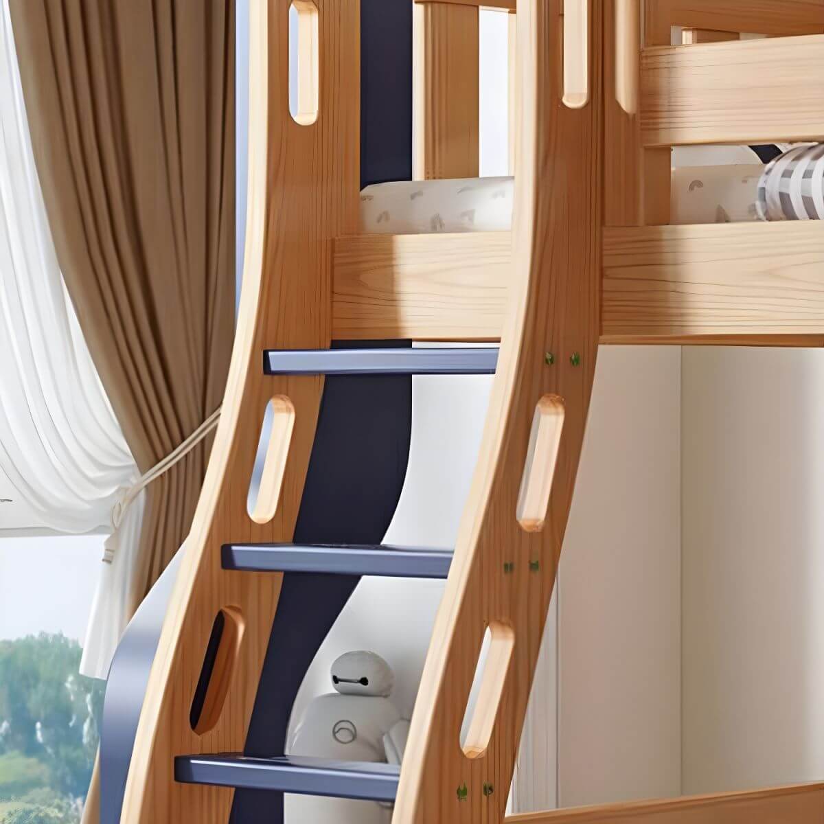 Natural/Blue Modern Wooden Bunk Bed with Bookshelf, Ladder and Storage