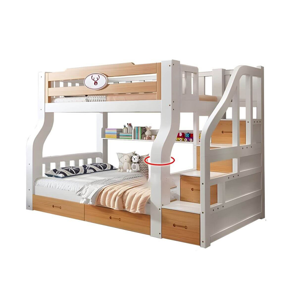 Natural/Blue Modern Wooden Bunk Bed with Bookshelf, Ladder and Storage