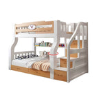 Natural/Blue Modern Wooden Bunk Bed with Bookshelf, Ladder and Storage