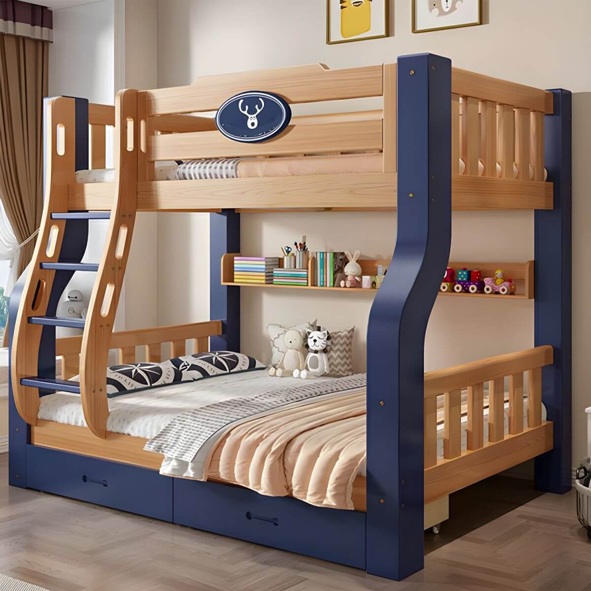 Natural/Blue Modern Wooden Bunk Bed with Bookshelf, Ladder and Storage Main Product Image Main image
