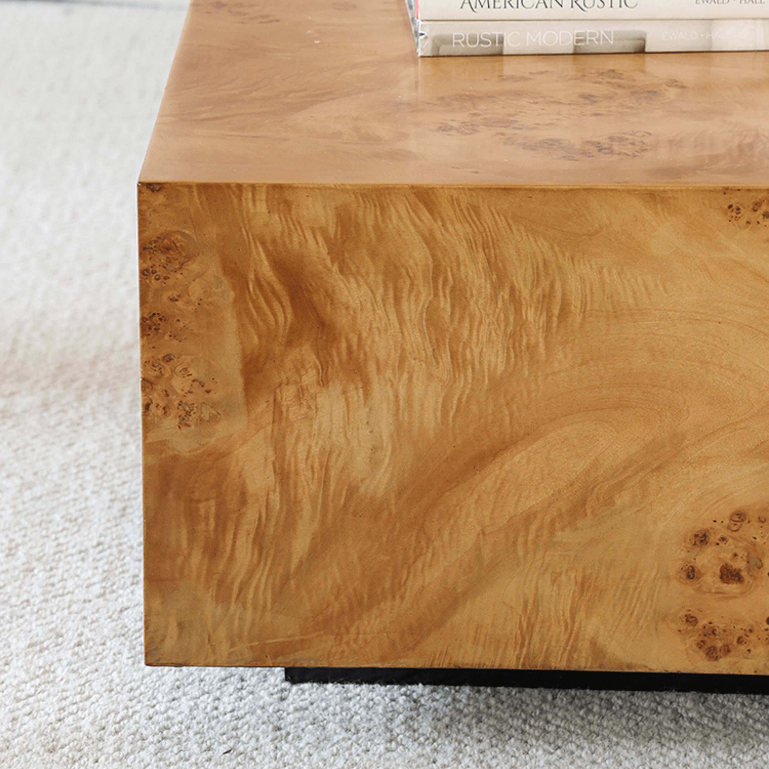 Natural Burlwood Cube Coffee Table with Floating Silhouette