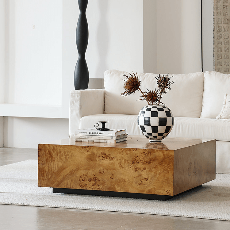 Natural Burlwood Cube Coffee Table with Floating Silhouette