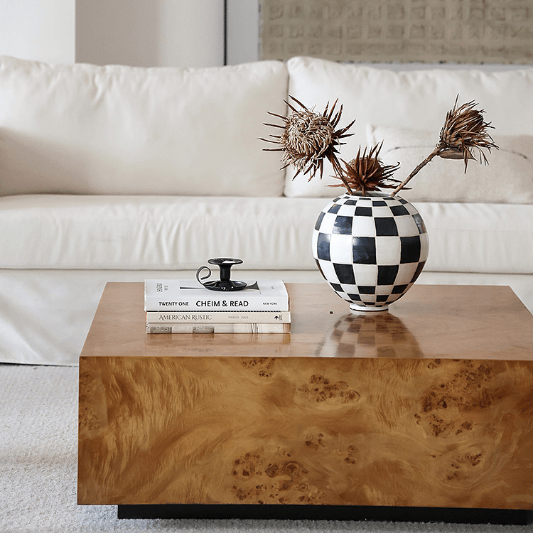 Natural Burlwood Cube Coffee Table with Floating Silhouette