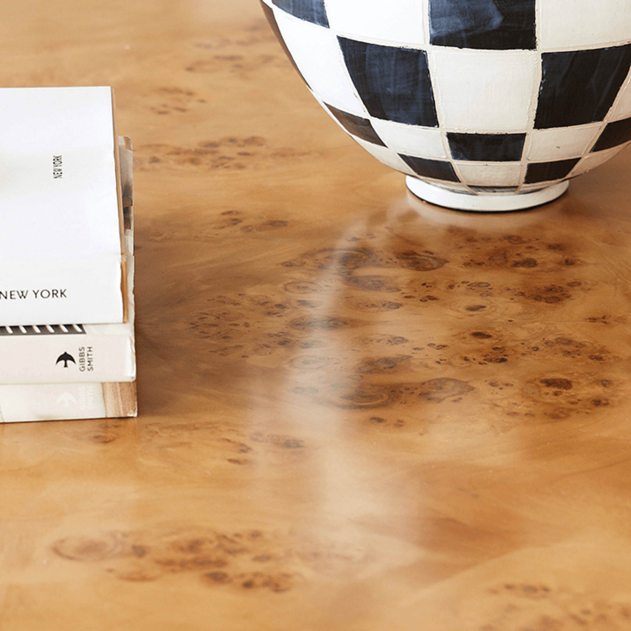 Natural Burlwood Cube Coffee Table with Floating Silhouette