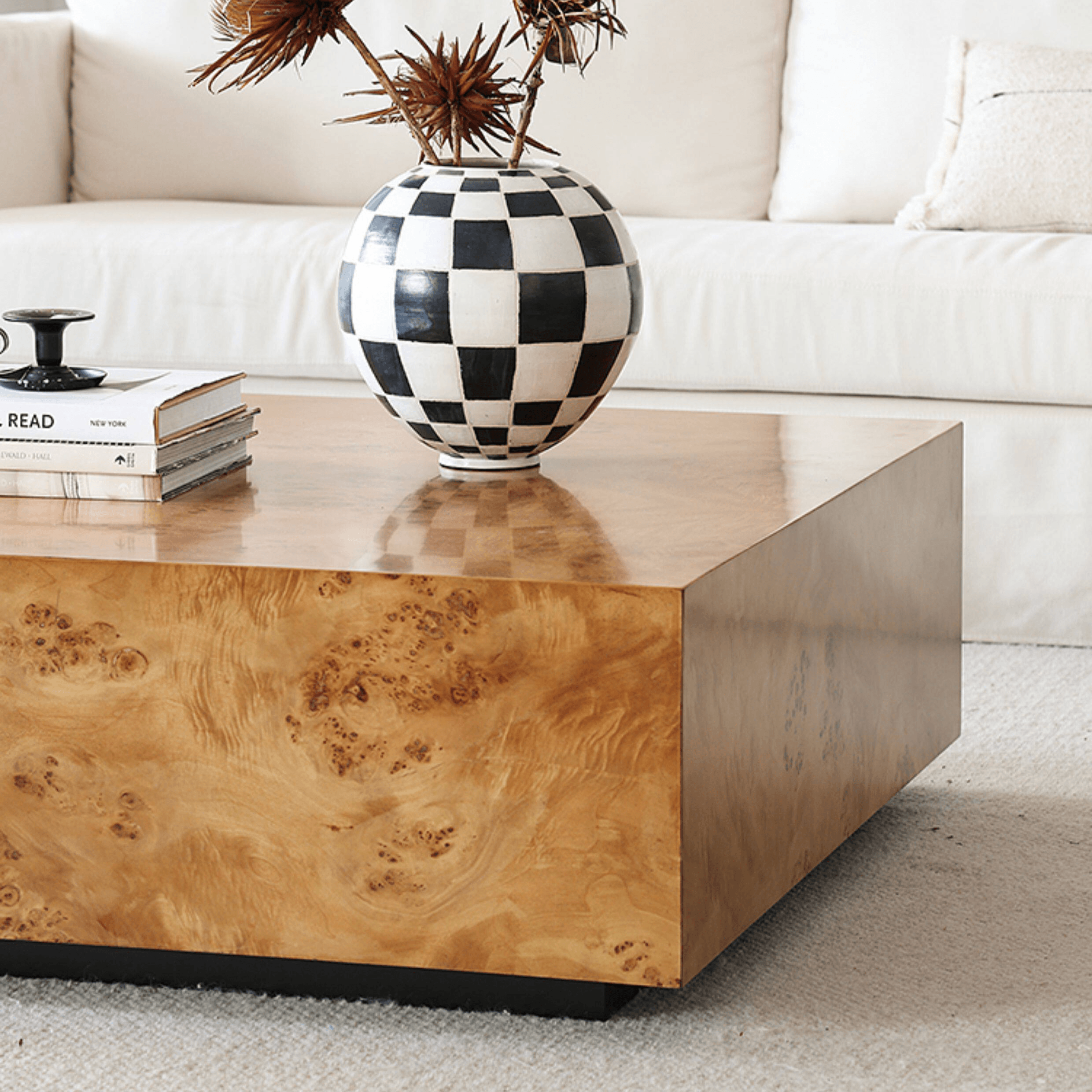 Natural Burlwood Cube Coffee Table with Floating Silhouette
