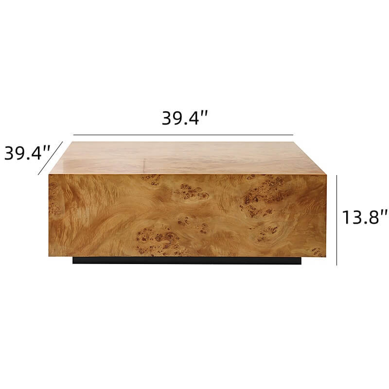 Natural Burlwood Cube Coffee Table with Floating Silhouette Dimensions