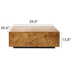 Natural Burlwood Cube Coffee Table with Floating Silhouette Dimensions