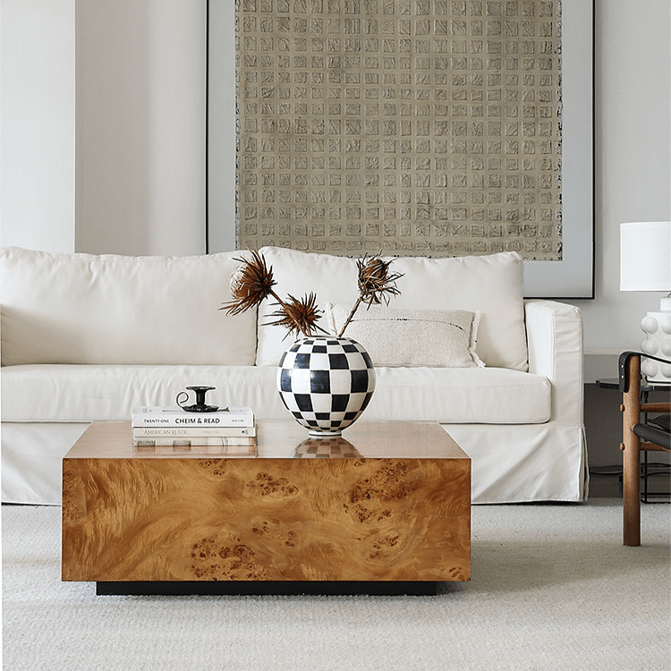 Natural Burlwood Cube Coffee Table with Floating Silhouette Main Product Image Main image