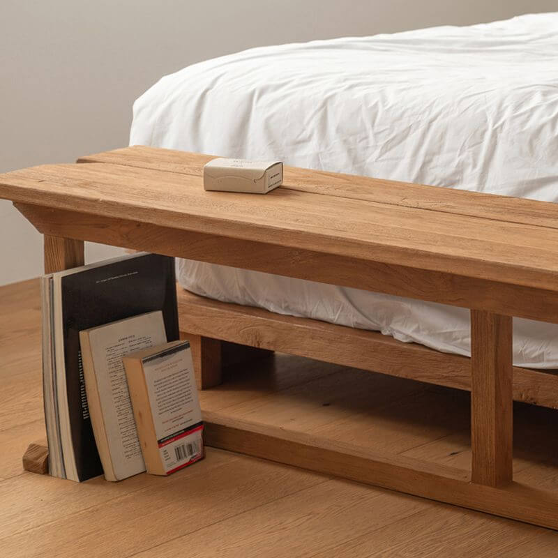 Natural Elm Wood Living Room Bench – Modern Rectangular Solid-Color Seat